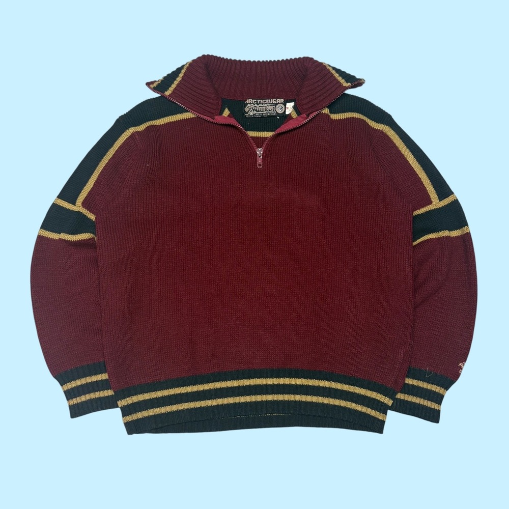 Vintage Arcticwear Mens Quarter Zip Knit Sweater Burgundy Green Striped Medium